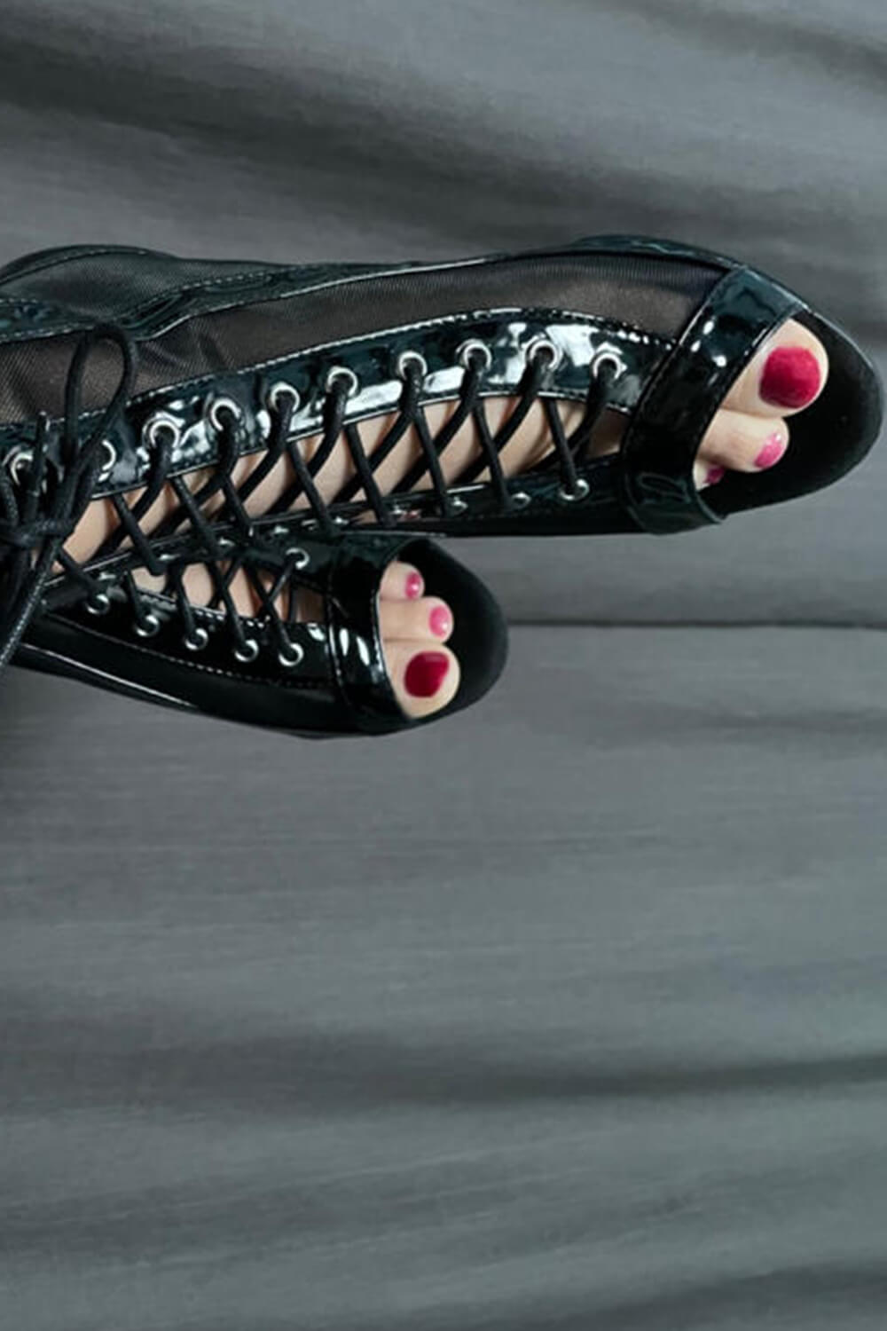 Mesh Cut Out Lace Up Peep Toe High Heeled Ankle Boots - Black