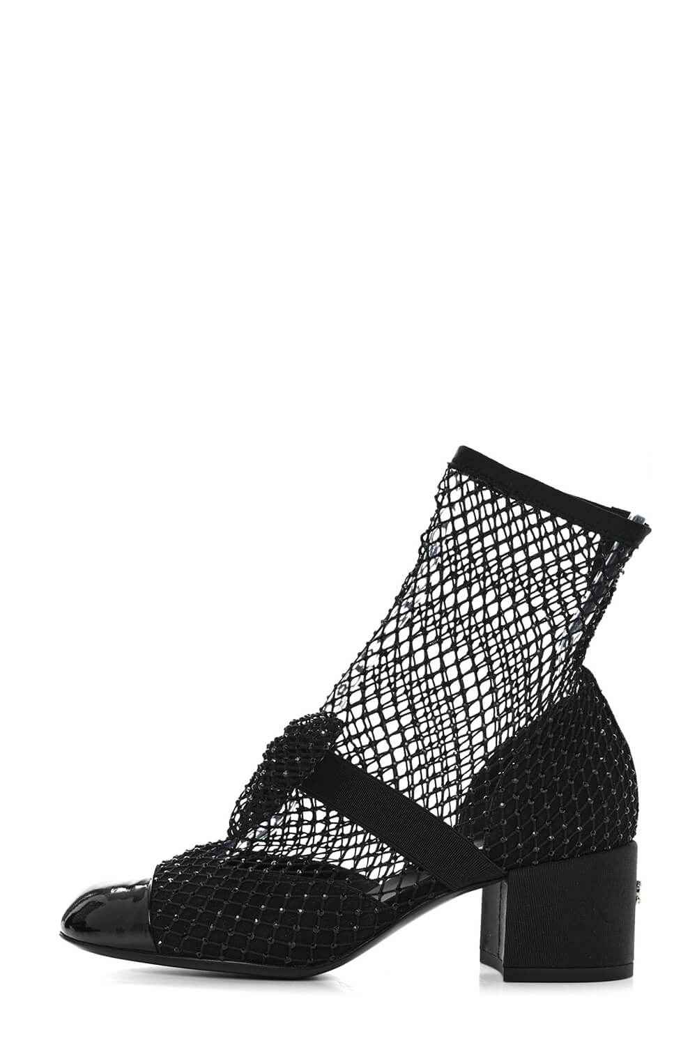 Suede Patent Diamante Fishnet Bow-Embellished Mary Jane Ankle Boots - Black