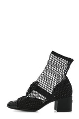 Suede Patent Diamante Fishnet Bow-Embellished Mary Jane Ankle Boots - Black