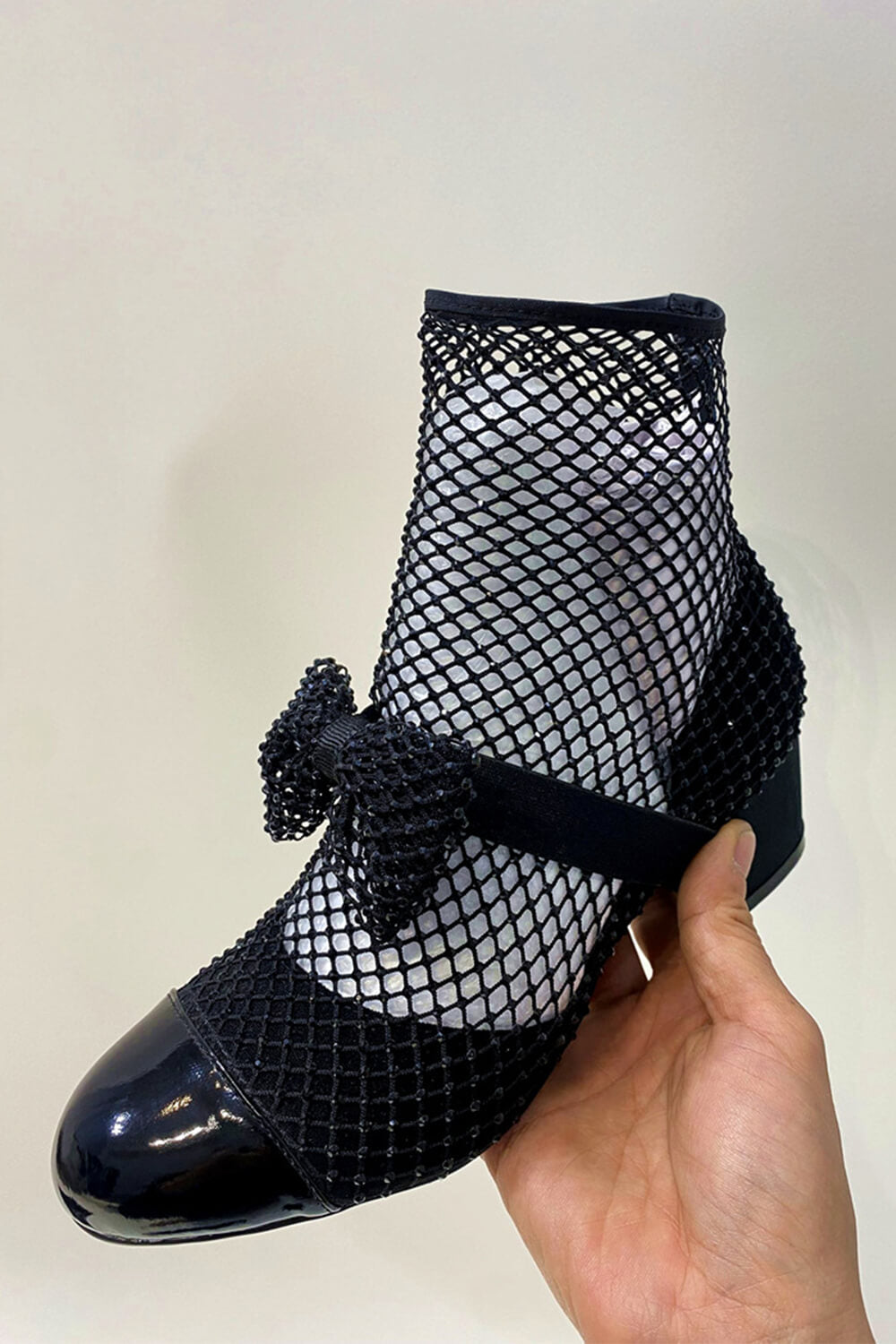 Suede Patent Diamante Fishnet Bow-Embellished Mary Jane Ankle Boots - Black