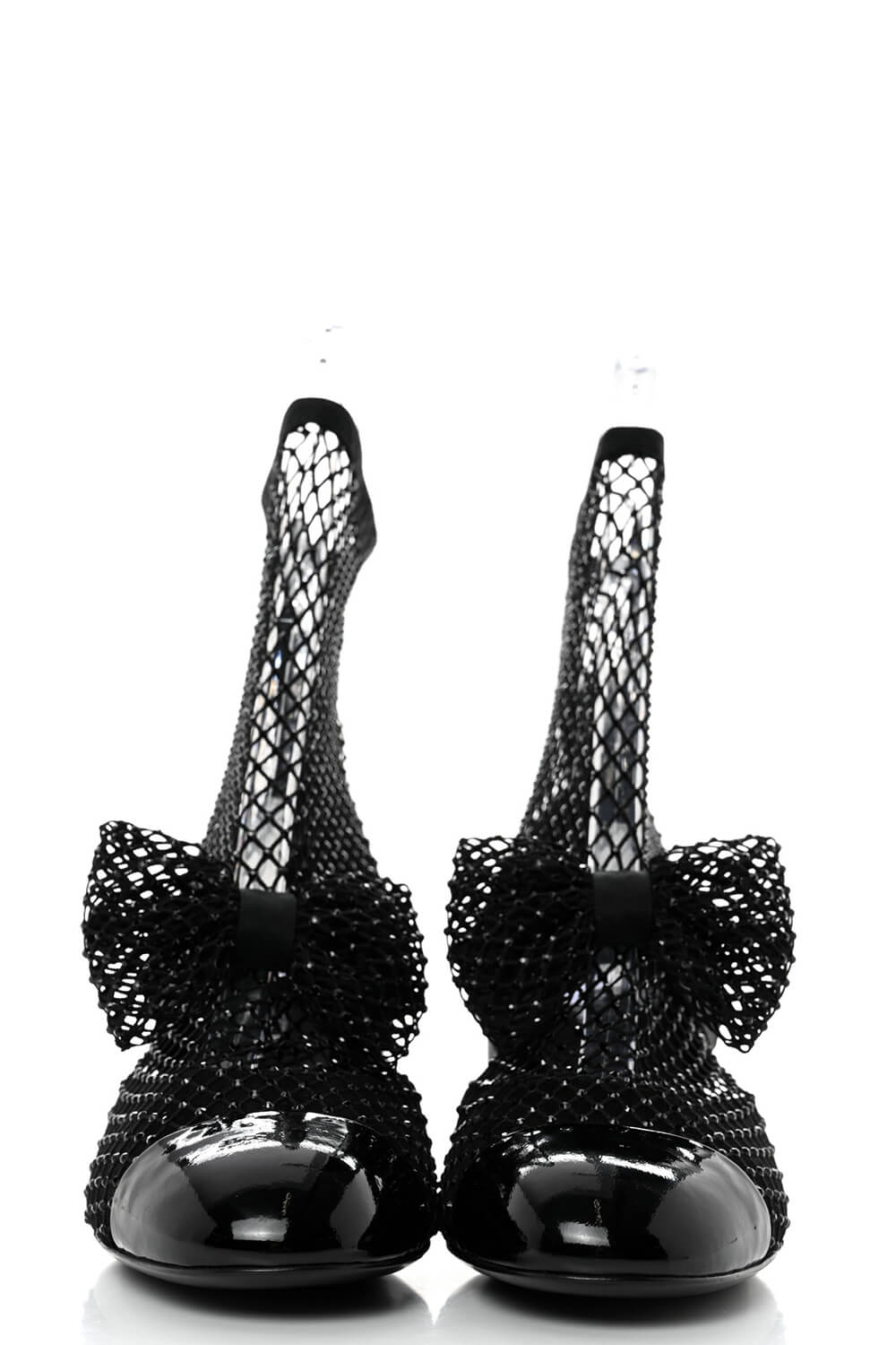 Suede Patent Diamante Fishnet Bow-Embellished Mary Jane Ankle Boots - Black