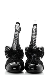 Suede Patent Diamante Fishnet Bow-Embellished Mary Jane Ankle Boots - Black