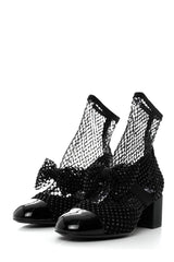 Suede Patent Diamante Fishnet Bow-Embellished Mary Jane Ankle Boots - Black
