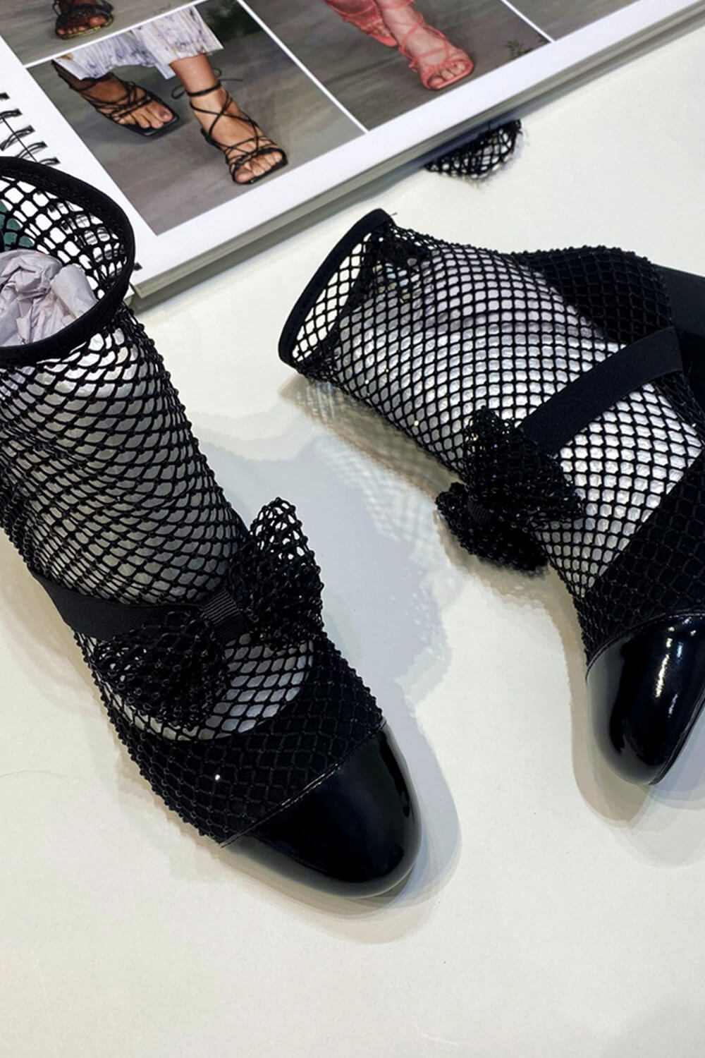 Suede Patent Diamante Fishnet Bow-Embellished Mary Jane Ankle Boots - Black & Silver