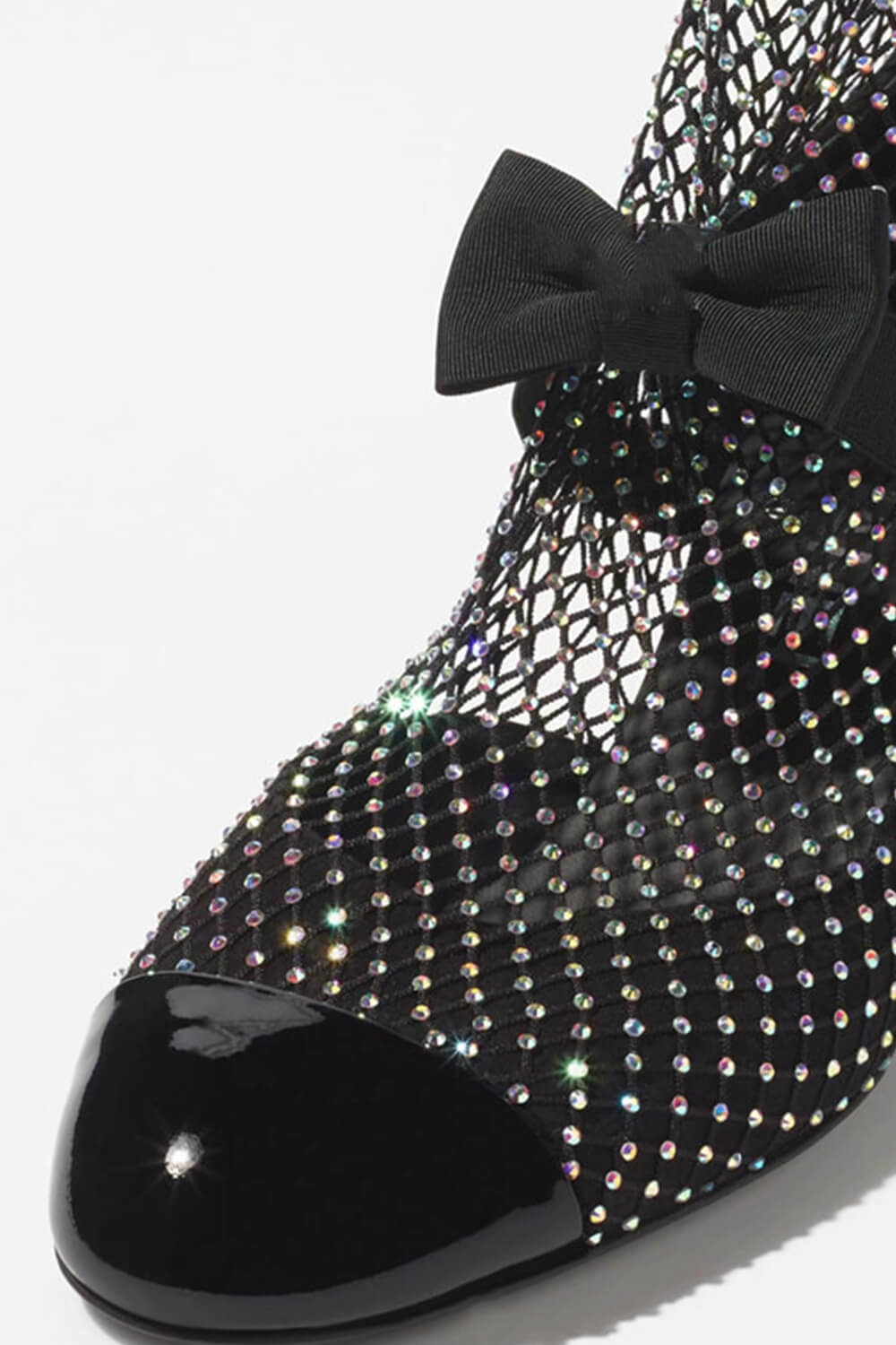 Suede Patent Diamante Fishnet Bow-Embellished Mary Jane Knee High Boots - Black & Silver