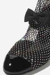 Suede Patent Diamante Fishnet Bow-Embellished Mary Jane Knee High Boots - Black & Silver