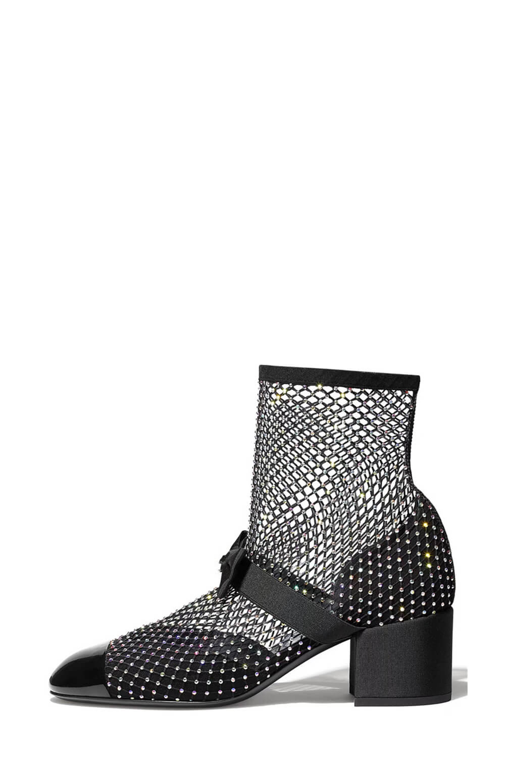 Suede Patent Diamante Fishnet Bow-Embellished Mary Jane Ankle Boots - Black & Silver