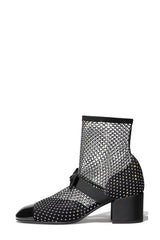 Suede Patent Diamante Fishnet Bow-Embellished Mary Jane Ankle Boots - Black & Silver