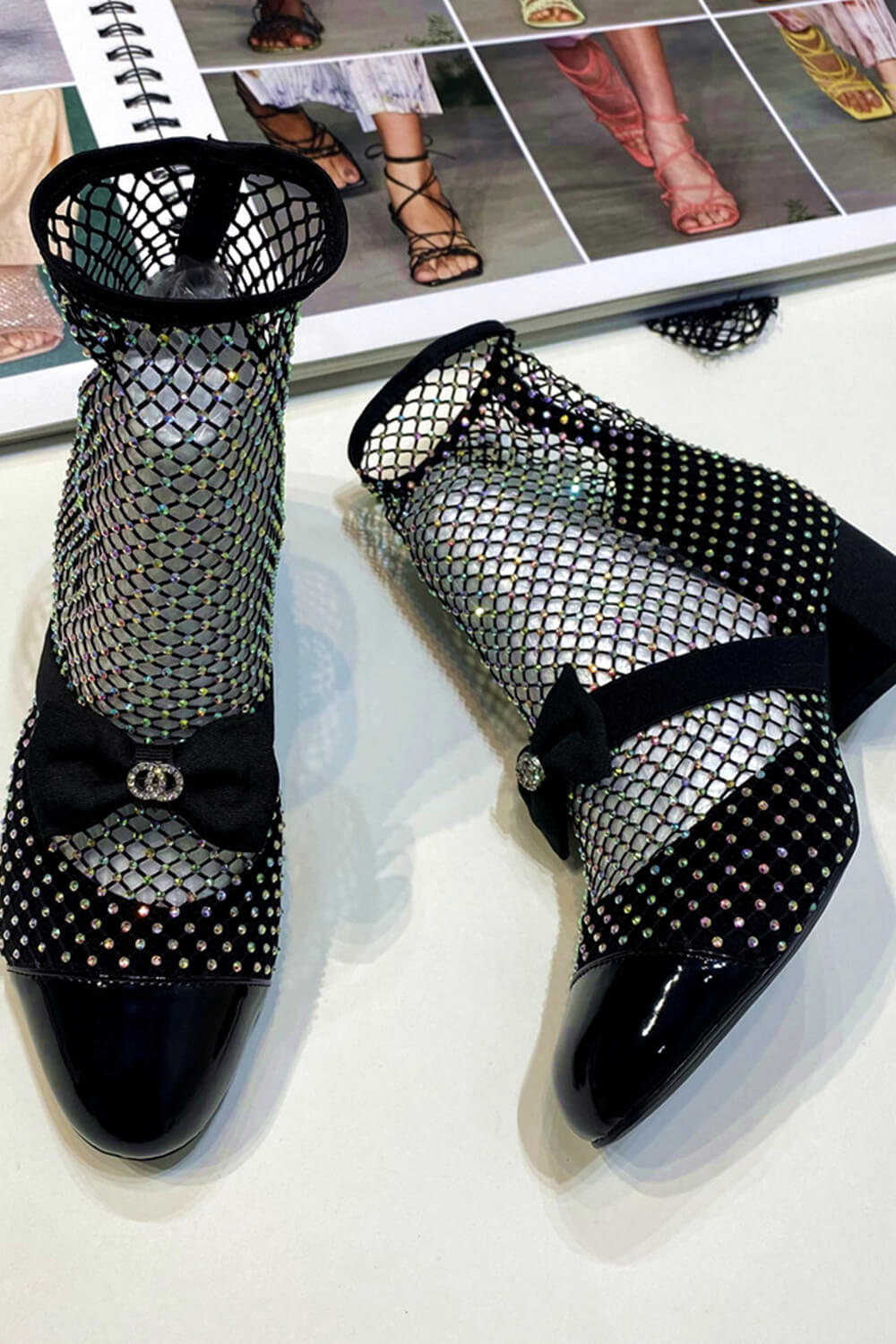 Suede Patent Diamante Fishnet Bow-Embellished Mary Jane Ankle Boots - Black & Silver