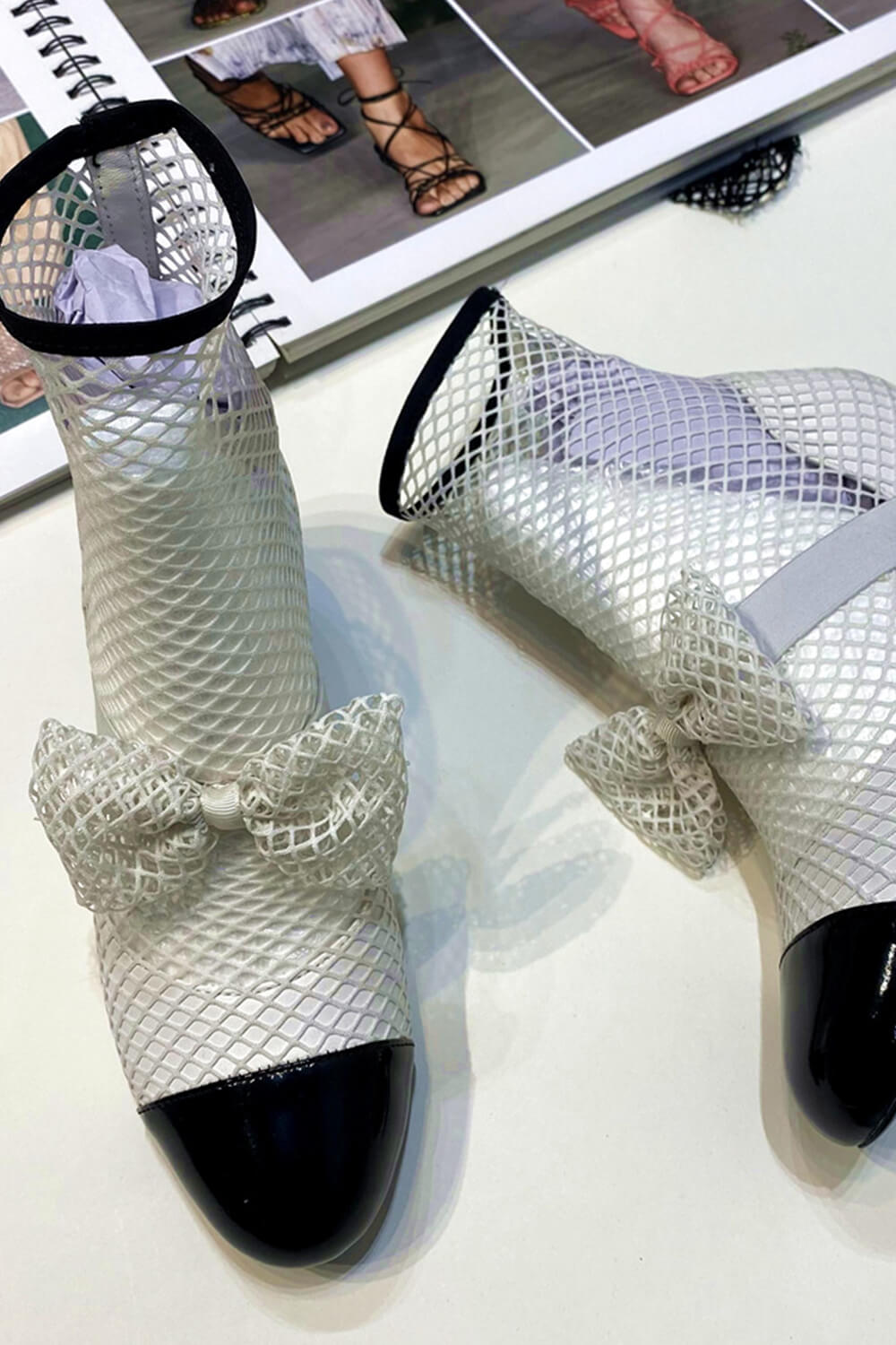 Suede Patent Fishnet Bow-Embellished Mary Jane Ankle Boots - Black & White