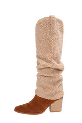 Faux Fur Pointed Toe Western Foldover Knee-High Boots