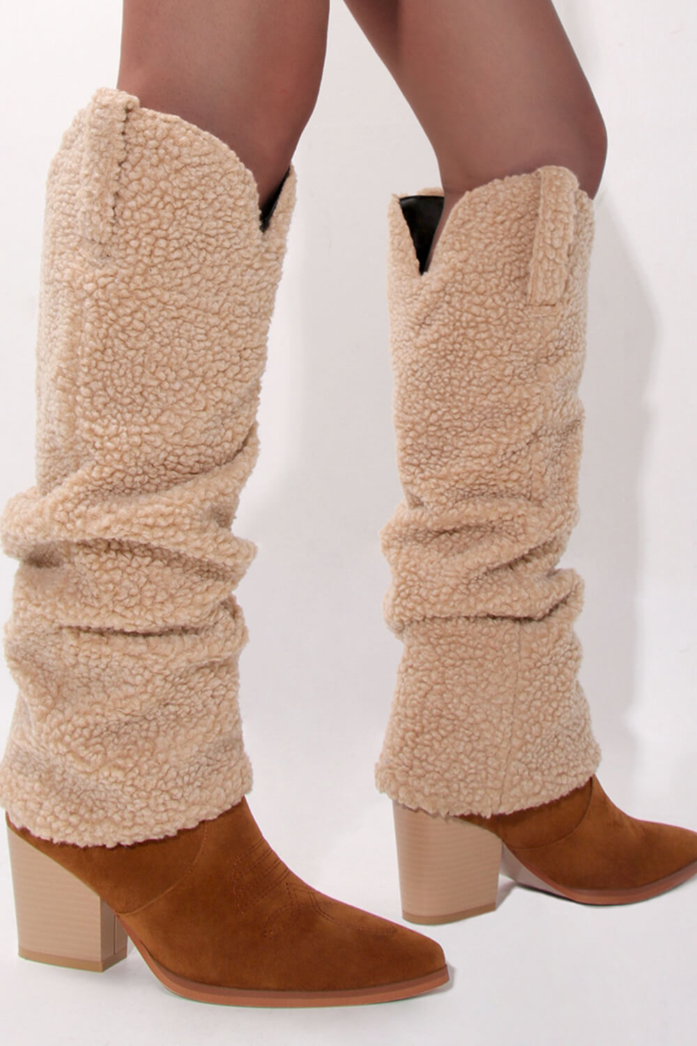 Faux Fur Pointed Toe Western Foldover Knee-High Boots