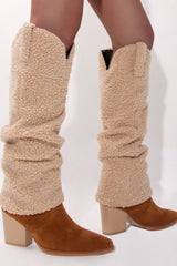 Faux Fur Pointed Toe Western Foldover Knee-High Boots