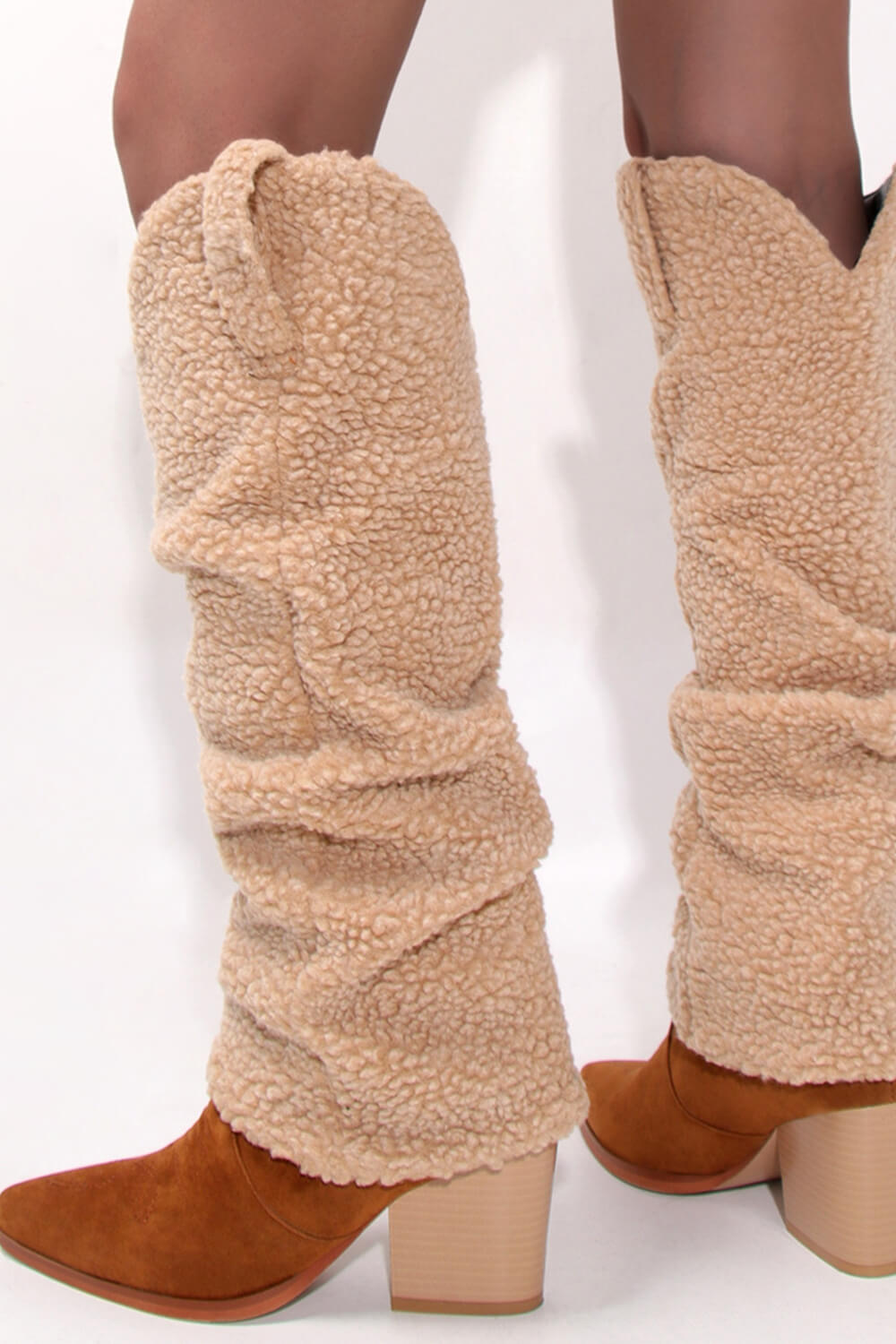 Faux Fur Pointed Toe Western Foldover Knee-High Boots