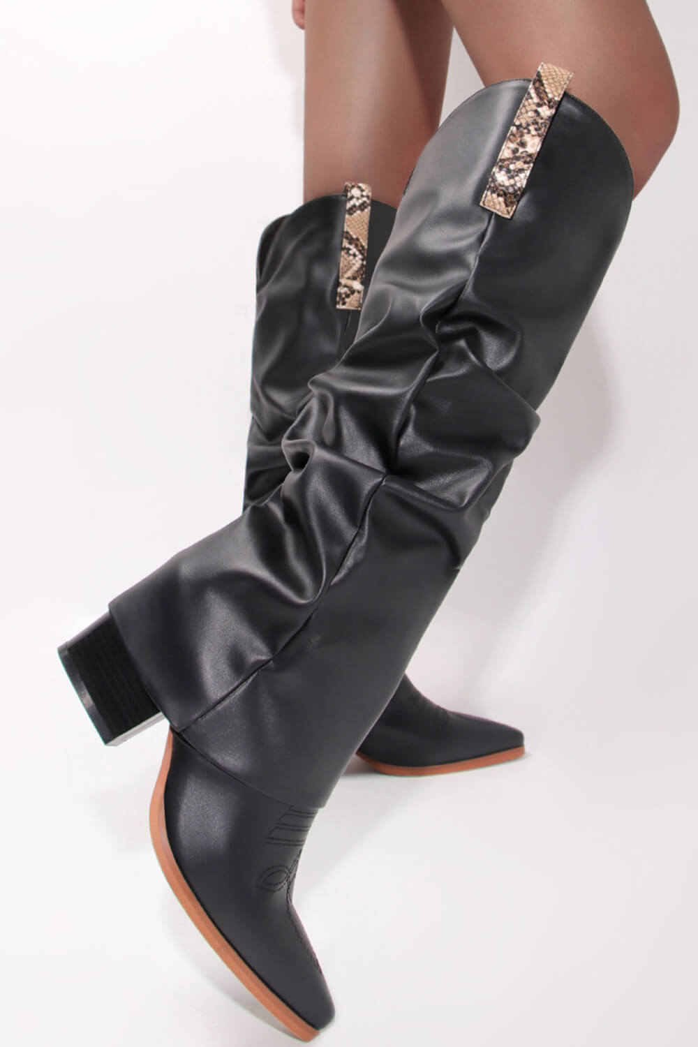 Faux Leather Pointed Toe Western Foldover Knee-High Boots - Black