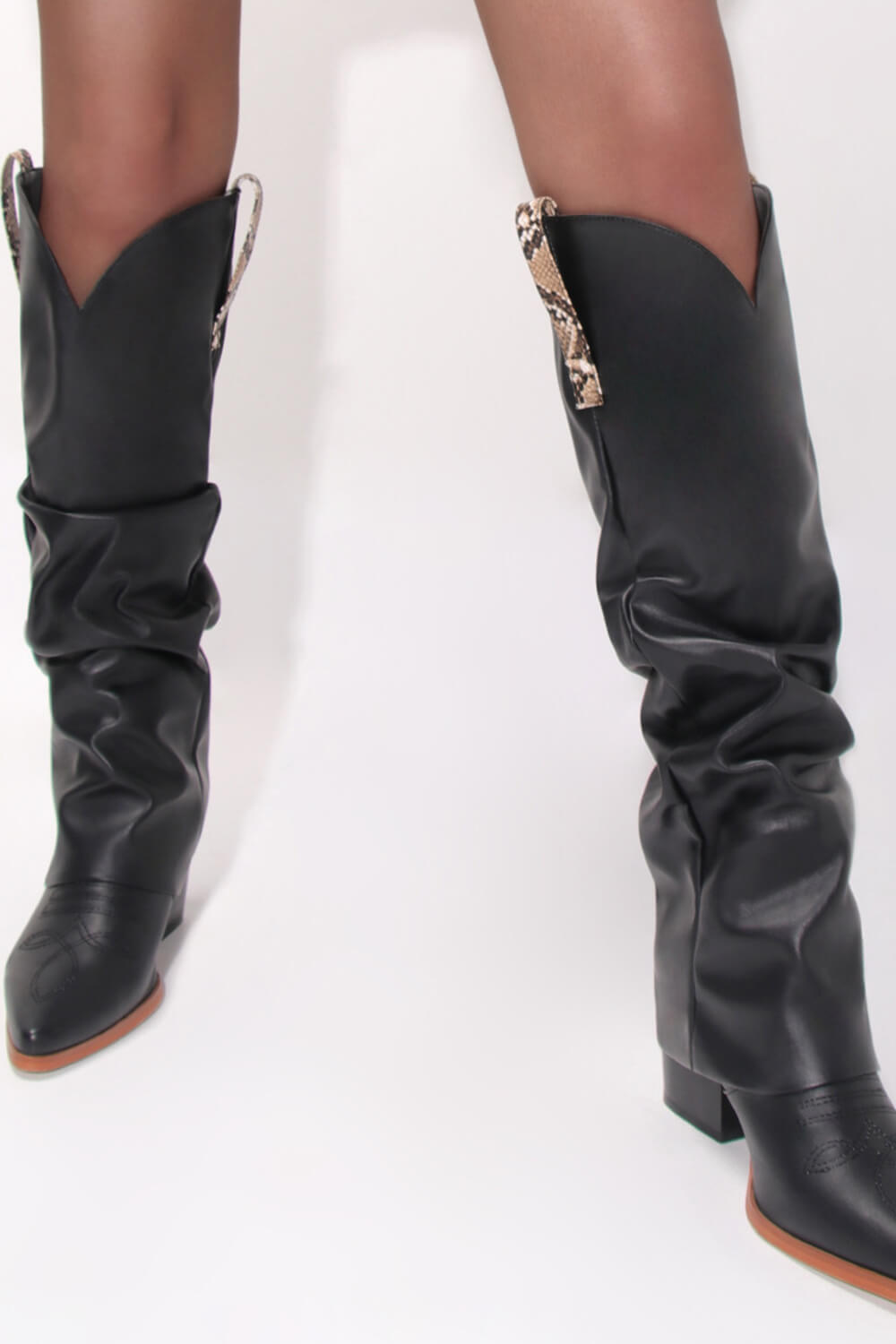 Faux Leather Pointed Toe Western Foldover Knee-High Boots - Black