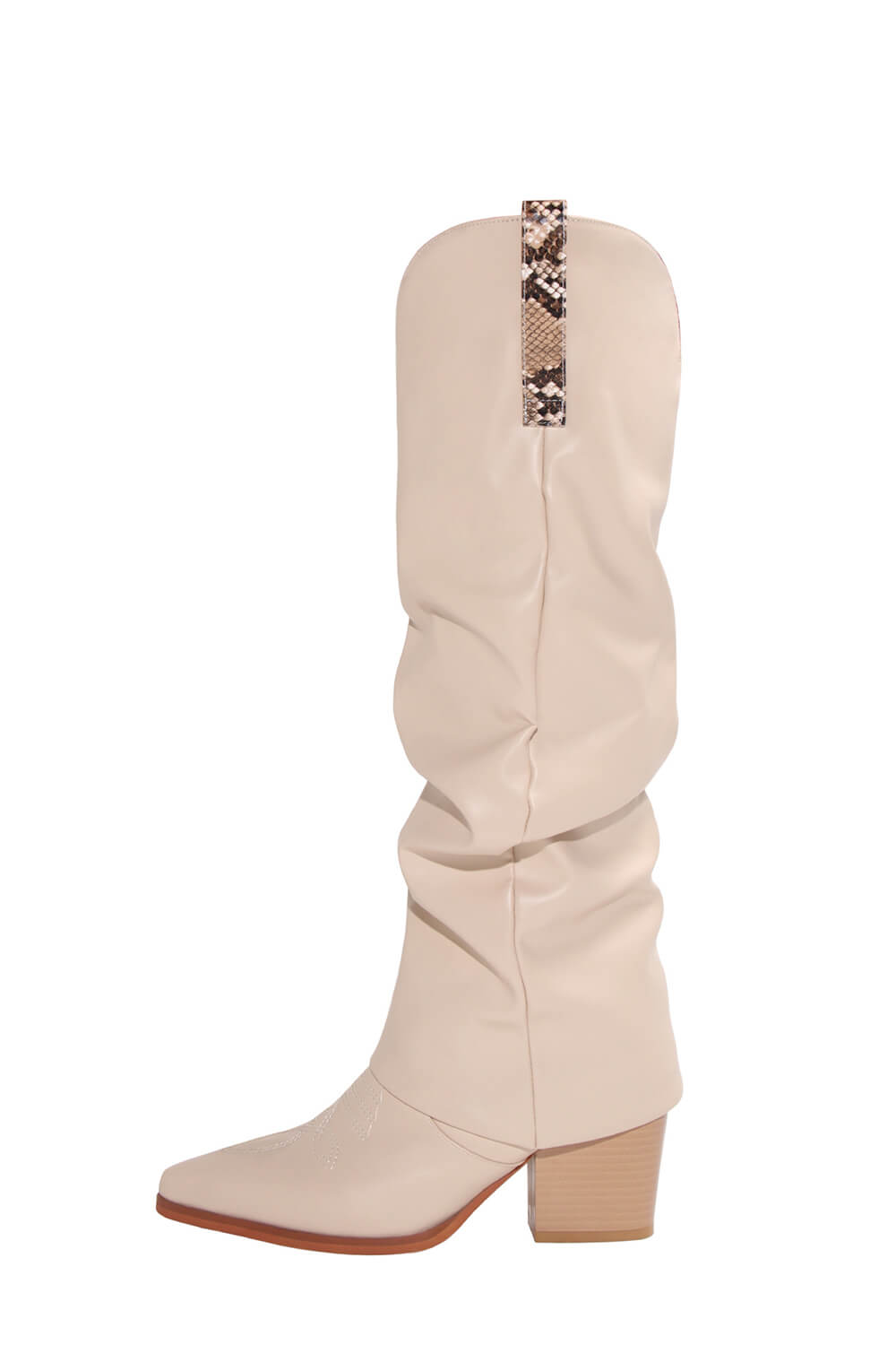 Faux Leather Pointed Toe Western Foldover Knee-High Boots - Beige