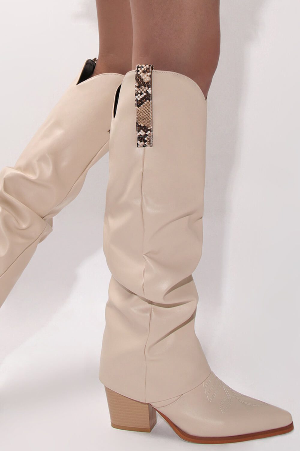 Faux Leather Pointed Toe Western Foldover Knee-High Boots - Beige