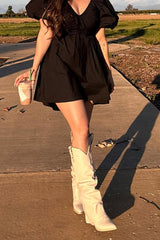 Faux Leather Pointed Toe Western Foldover Knee-High Boots - Beige