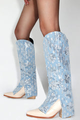 Denim Fold Over Pointed Toe Block Heel Knee High Boots With Sequins - Light Blue