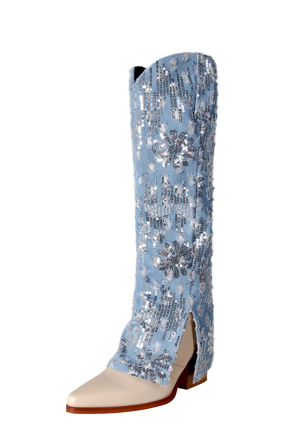 Denim Fold Over Pointed Toe Block Heel Knee High Boots With Sequins - Light Blue