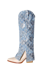 Denim Fold Over Pointed Toe Block Heel Knee High Boots With Sequins - Light Blue