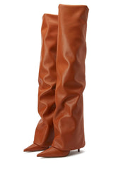 Faux Leather Pointed Toe Folded Over The Knee Boots - Tan