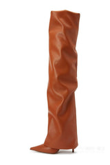 Faux Leather Pointed Toe Folded Over The Knee Boots - Tan