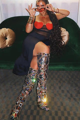 Floral Satin Gemstone-Embellished Pointed Toe Knee High Stiletto Boots - Black