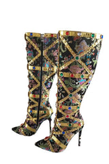 Floral Satin Gemstone-Embellished Pointed Toe Knee High Stiletto Boots - Black