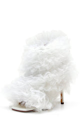 Tulle Square Peep Toe Stiletto Heeled Boots - White
