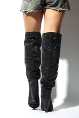 Diamante Crystal-Embellished Point Toe Over The Knee Block Heeled Boots - Black