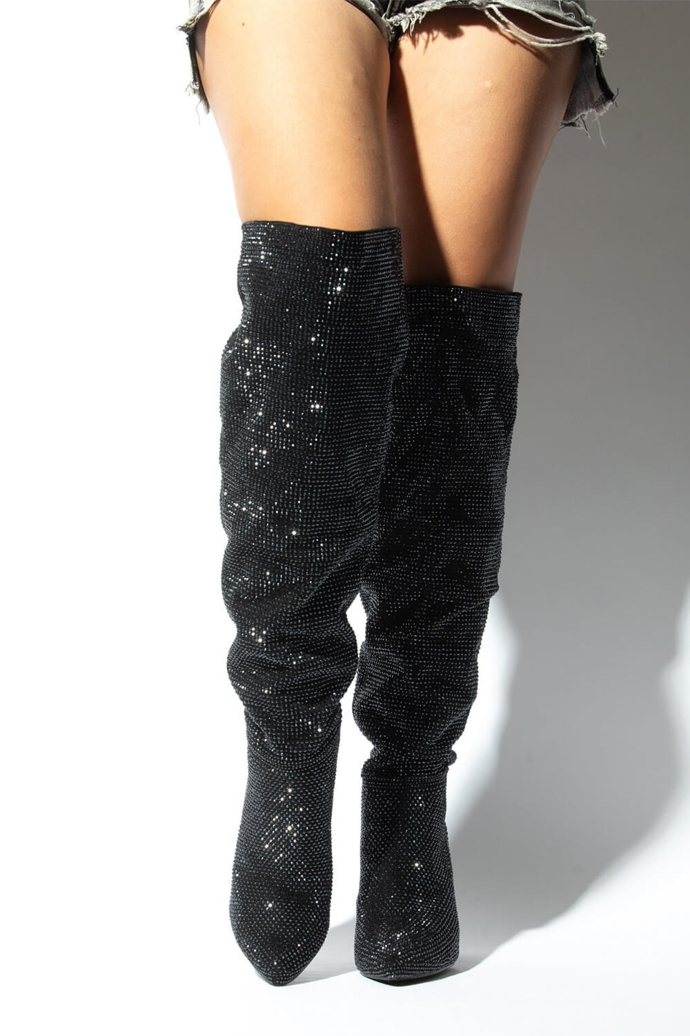 Diamante Crystal-Embellished Point Toe Over The Knee Block Heeled Boots - Black