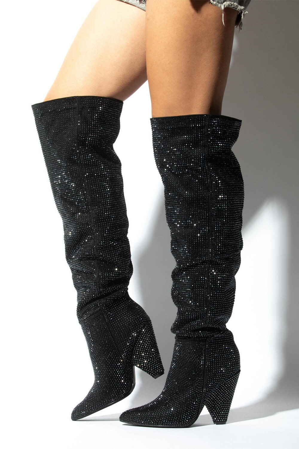 Diamante Crystal-Embellished Point Toe Over The Knee Block Heeled Boots - Black