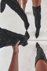 Diamante Crystal-Embellished Point Toe Over The Knee Block Heeled Boots - Black