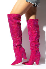 Diamante Crystal-Embellished Point Toe Over The Knee Block Heeled Boots - Hot Pink