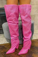 Diamante Crystal-Embellished Point Toe Over The Knee Block Heeled Boots - Hot Pink