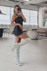 Diamante Crystal-Embellished Point Toe Over The Knee Block Heeled Boots - Silver