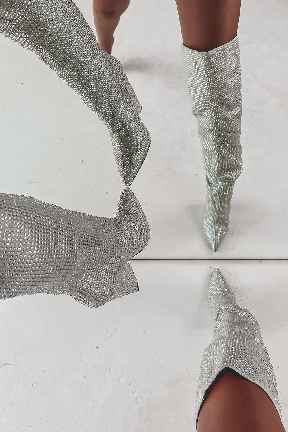 Diamante Crystal-Embellished Point Toe Over The Knee Block Heeled Boots - Silver