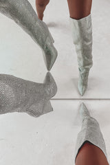 Diamante Crystal-Embellished Point Toe Over The Knee Block Heeled Boots - Silver