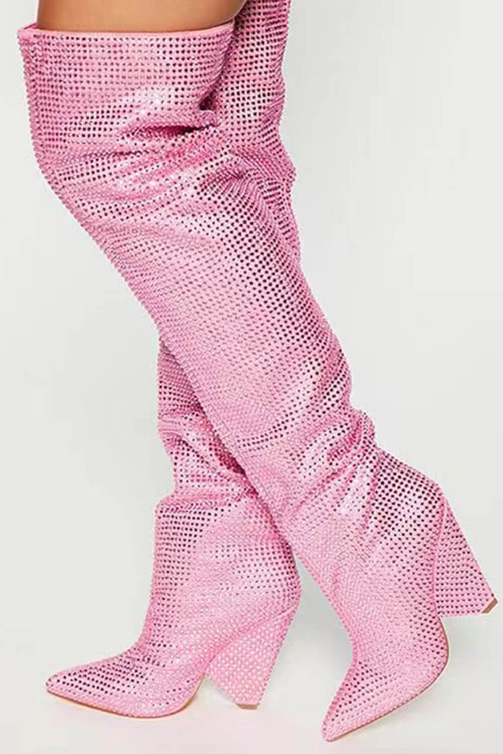 Diamante Crystal-Embellished Point Toe Over The Knee Block Heeled Boots - Pink