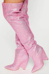 Diamante Crystal-Embellished Point Toe Over The Knee Block Heeled Boots - Pink