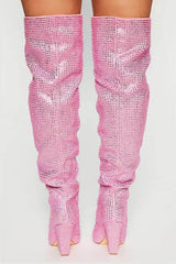 Diamante Crystal-Embellished Point Toe Over The Knee Block Heeled Boots - Pink