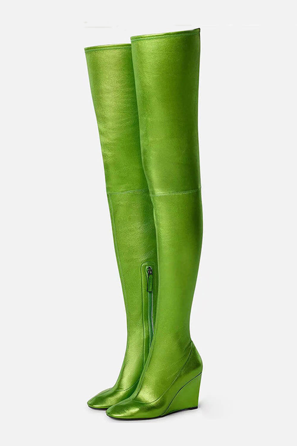 Faux Leather Round Toe Over-The-Knee Wedge Heeled Boots - Lime