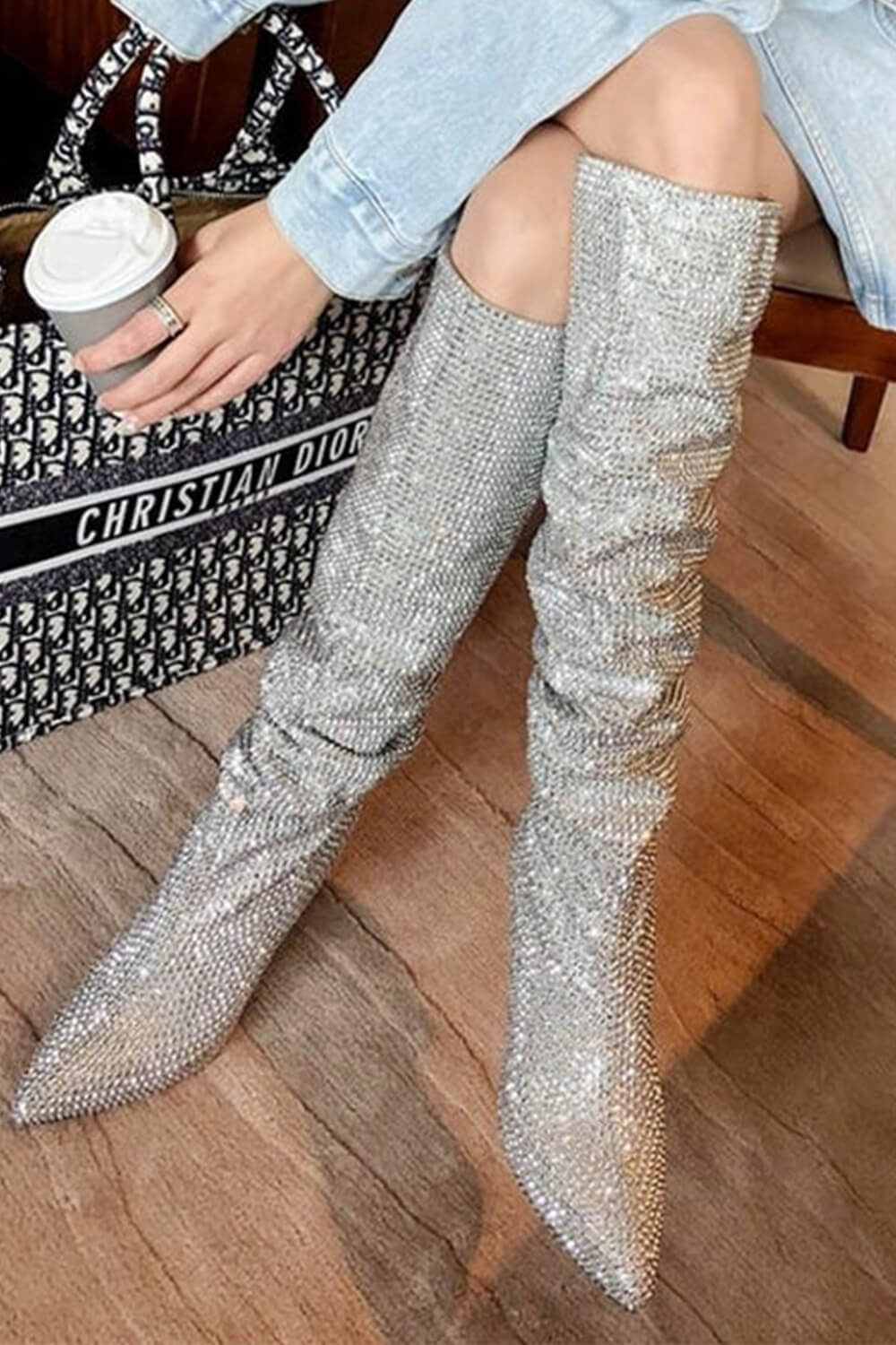 Diamante Crystal-Embellished Point Toe Knee High Block Heeled Slouch Boots - Silver