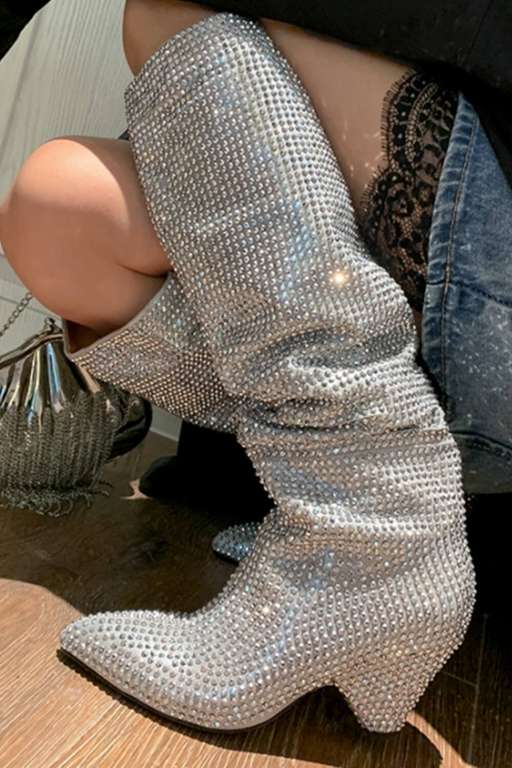 Diamante Crystal-Embellished Point Toe Knee High Block Heeled Slouch Boots - Silver