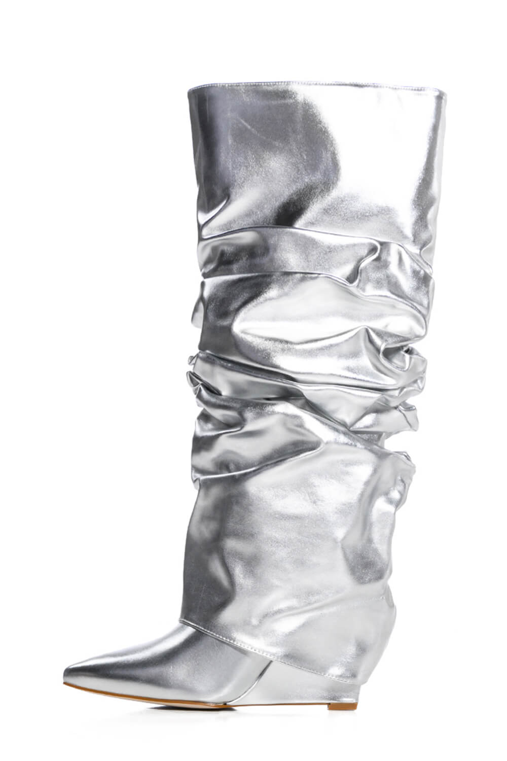 Scrunched Foldover Mid Calf Wedge Heel Boots - Silver
