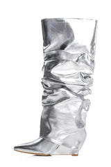 Scrunched Foldover Mid Calf Wedge Heel Boots - Silver