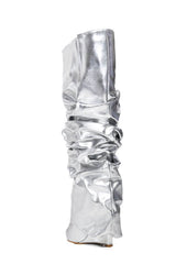 Scrunched Foldover Mid Calf Wedge Heel Boots - Silver