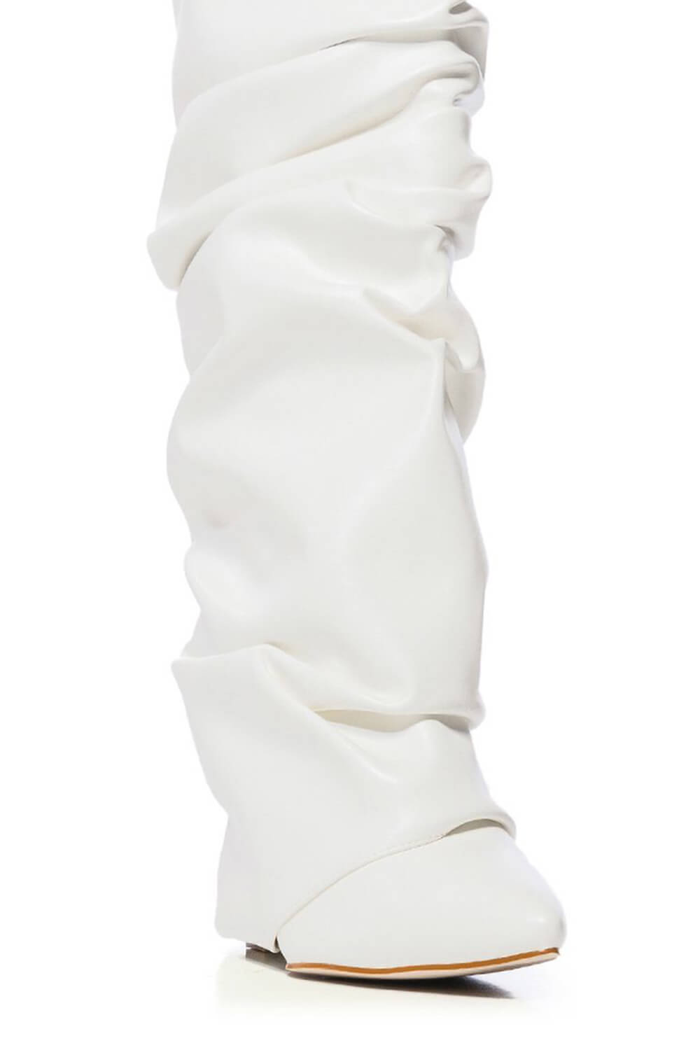 Scrunched Foldover Mid Calf Wedge Heel Boots - White
